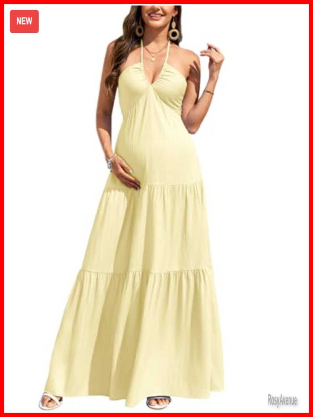 Maternity Halter V-Neck Pleated Backless Maxi A-Line Gown Baby Shower Photoshoot